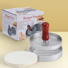 Premium hamburgerpress i aluminium och 100 st silikonoljepapper - Non-Stick & Ansträngning Patty Maker för perfekta kött-, nötkött-, ost- och grönsaks - Redwood (Hamburgerpress-1 st,Silikonolja Papper-100st)