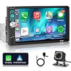 Bilradio med Apple Carplay, 1 Din, med bluetooth, handsfree, 7 tum stor pekskärm med IOS/Android Mirror Link, FM/USB/AUX, mikrofon, rattkontroll + backkamera