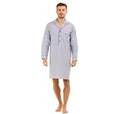 Classic Comfort Herr lyx traditionella långa ränder 100 % ren bomull nattskjorta pojkar vardaglig långärmad nattkläder daglig användning nattklänning mörkblå grå nyanser 3 knappar, Marinblå rand, L