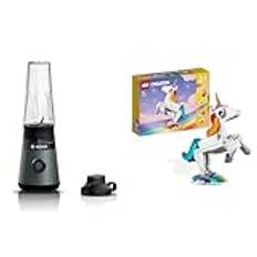 Bosch VitaPower Series 2 MMB2111S Blandare, Silver, Svart, 0,6 L & Bosch Set ToGo-flaska MMZBTK1B, Smoothie ToGo-flaska 0,6 L, okrossbar, med lock, diskmaskinssäker, lämplig för OptiMUM matberedare