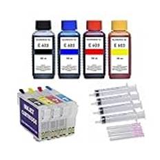 Återpåfyllningsbara bläckpatroner 603 XL + 4 x 100 ml påfyllningsbläck kompatibel med Epson Workforce WF-2810, 2820, 2830, 2835, 2840, 2845, 2850, 2870