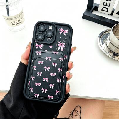 1 st svart bas med fulltryck rosa rosett- och hjärtstjärnmönster, mjuk TPU-mobilskal med inbyggd integrerad kortplats, söt cool girl-stil med tecknade (Multi-size)