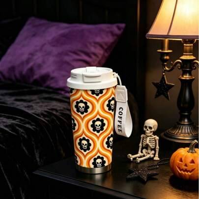1 st/5 st 500 ml Halloween vintage kaffemugg i rostfritt stål med isolering, dödskallemönster, retro orange-gul vågig heltryckt resemugg med nyckelban - Flerfärgad-Halloween (500ml,5 st 500 ml)