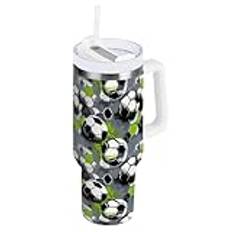 OWFKAY Isolerad kaffekopp med sugrörslock, 1 200 ml, vattenflaska i rostfritt stål, för män och kvinnor, grön fotboll