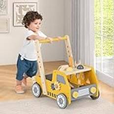 FANTASK Trägåvagn 2-i-1 baby walker, lärahjälp med multiaktivitetscenter och arbetsbänk, löpvagn för barn från 1 år, inomhus