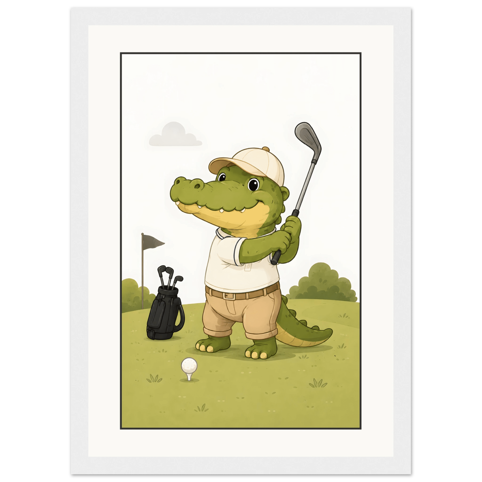 Krokodil spelar golf-21x29.7 cm / 8x12" / Med ram / Vit
