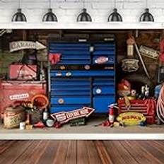 Fotografi bakgrund mekaniker verktyg skjul motor bil garage däck verktygslåda datortryck barn baby shower fest bakgrund banderoll 210 cm x 150 cm