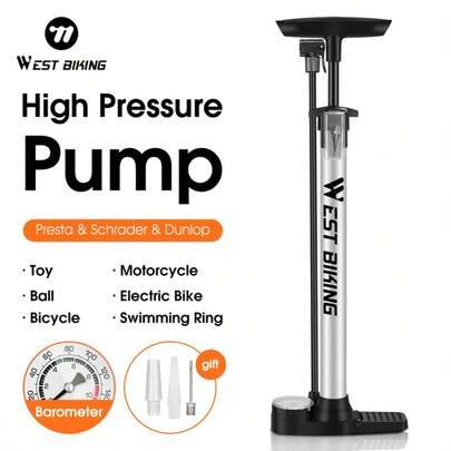 WEST BIKING 160psi cykelpump med högt tryck och tryckmätare, kompatibel med 3 typer av ventilstammar, multifunktionellt uppblåsningsverktyg för hemmet - Multifärgad (En-Storlek)