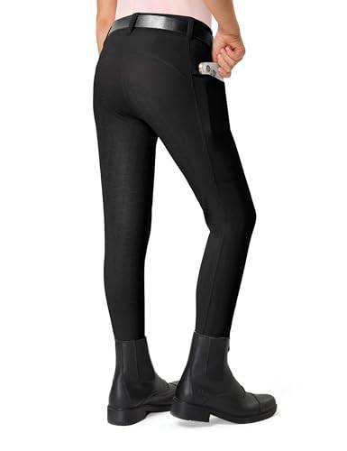 FitsT4 Sports Reithose Kinder Mädchen Reitleggings Reiterhosen Silikon Vollbesatz Reiten Hosen Sommer mit 2 Seitlichen Taschen und Gürtelschlaufen,Schwarz,L