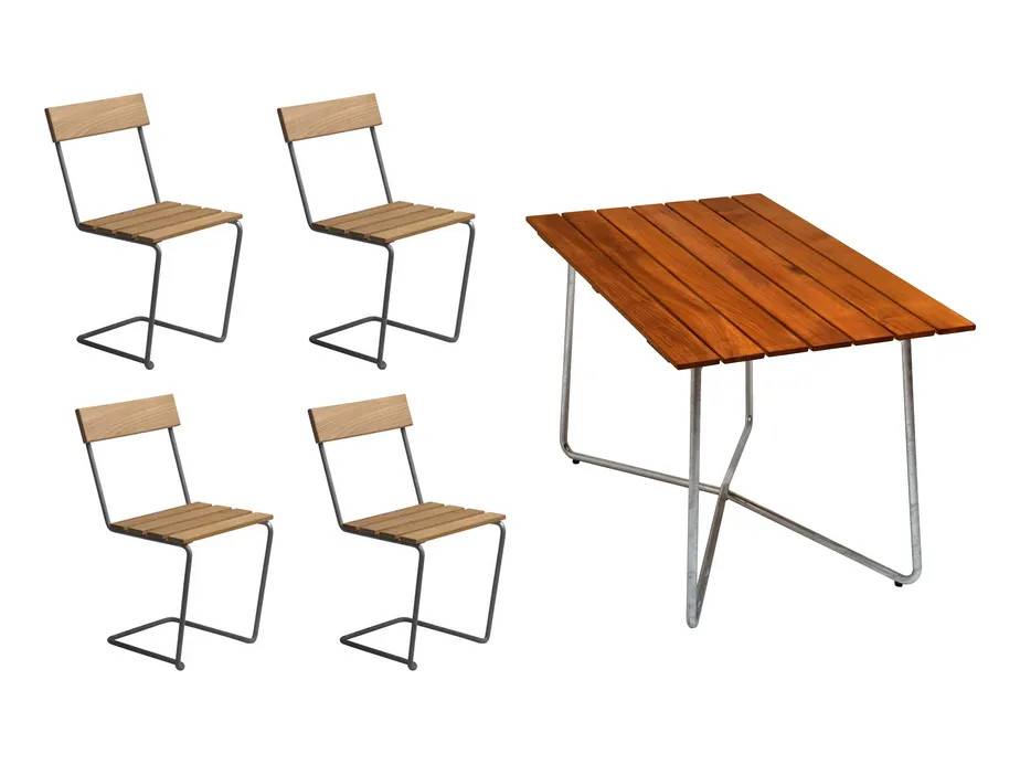 Grythyttan Stålmöbler B25 matgrupp Teak/galvat 4 stolar & bord 120 x 70 cm