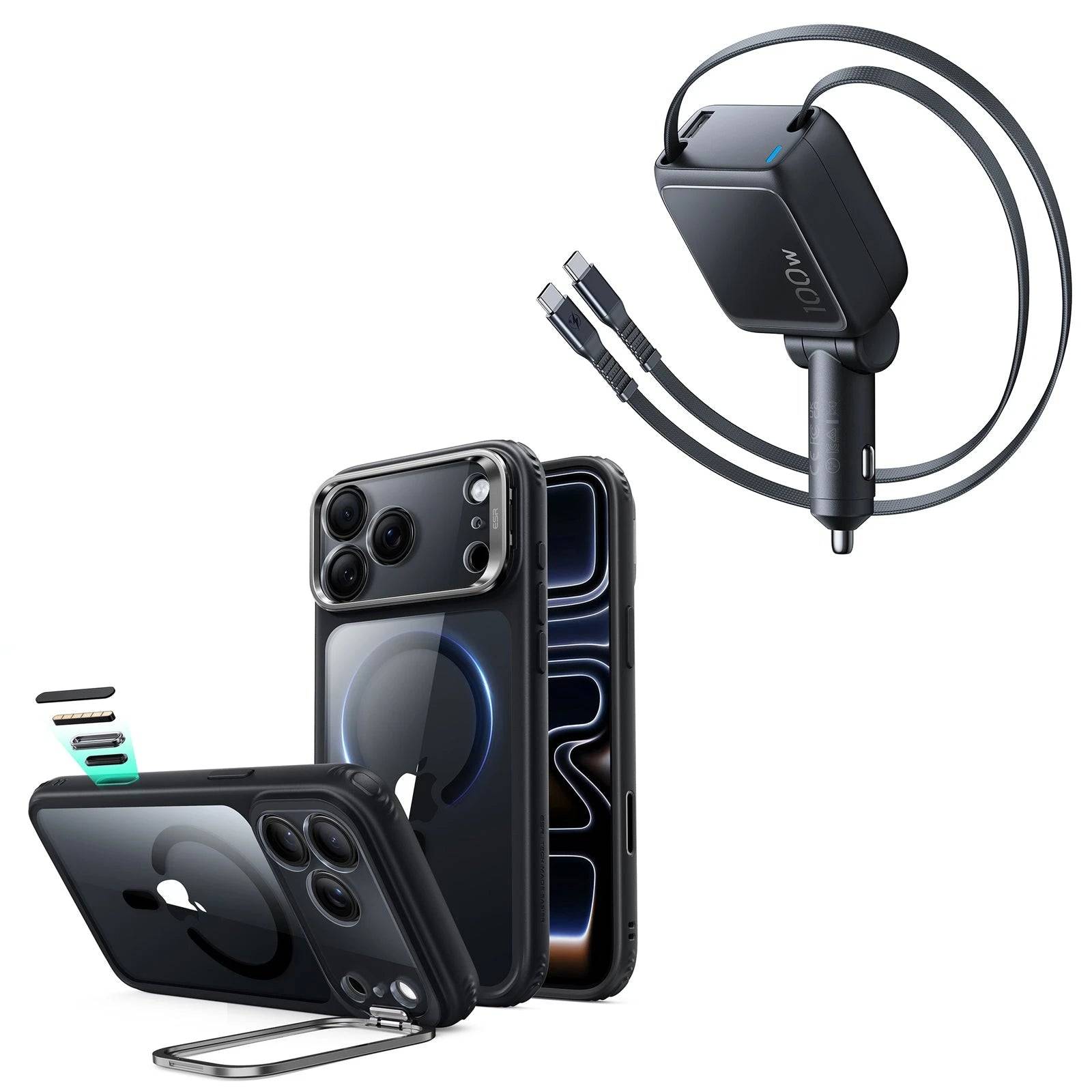 iPhone 18 Pro Classic Hybrid Magnetic Case with Camera Control and Flex Stand, Plus Xtend 100W Retractable Car Charger Bundle - Clear Black - Clear Black
