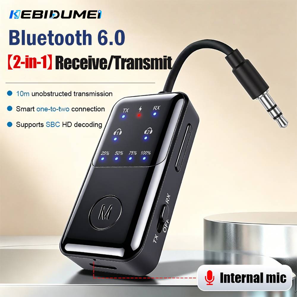KEBIDUMEI Bluetooth 6.0 Audio Reciever Transmitter Dual RT/TX Broadcast 3 in 1 3.5mm AUX Wireless Adapter for TV Earphones Car