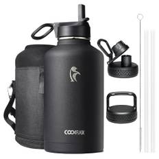 Coolflask isolerad vattenflaska 2 L – 3 lock med sugrör och pip och handtag, läckagesäker vakuum rostfritt stål vattenflaska för sport, resor, gym, 48 H kall och 24 H varm, BPA-fri, svart