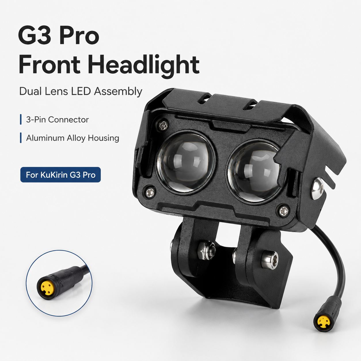 Front Dual Headlight Lamp for KuKirin G3 Pro Electric Scooter 3 Pin LED Beam Light Assembly with Adapter Cable