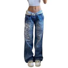Kvinnor lösa jeans hög midja Baggy jeansbyxor vida ben raka byxor Vintage Street Wear - Blå - L,M,S