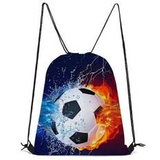 Drawstring Sports Bag, Football Themed Printed Cinch Backpack For Hiking, Fitness, Travel, Creative Pattern Drawstring Backpack Summer Travel Accessor - Multicolor - Blue,Football Color,Football Shoes 2,Water and Fire