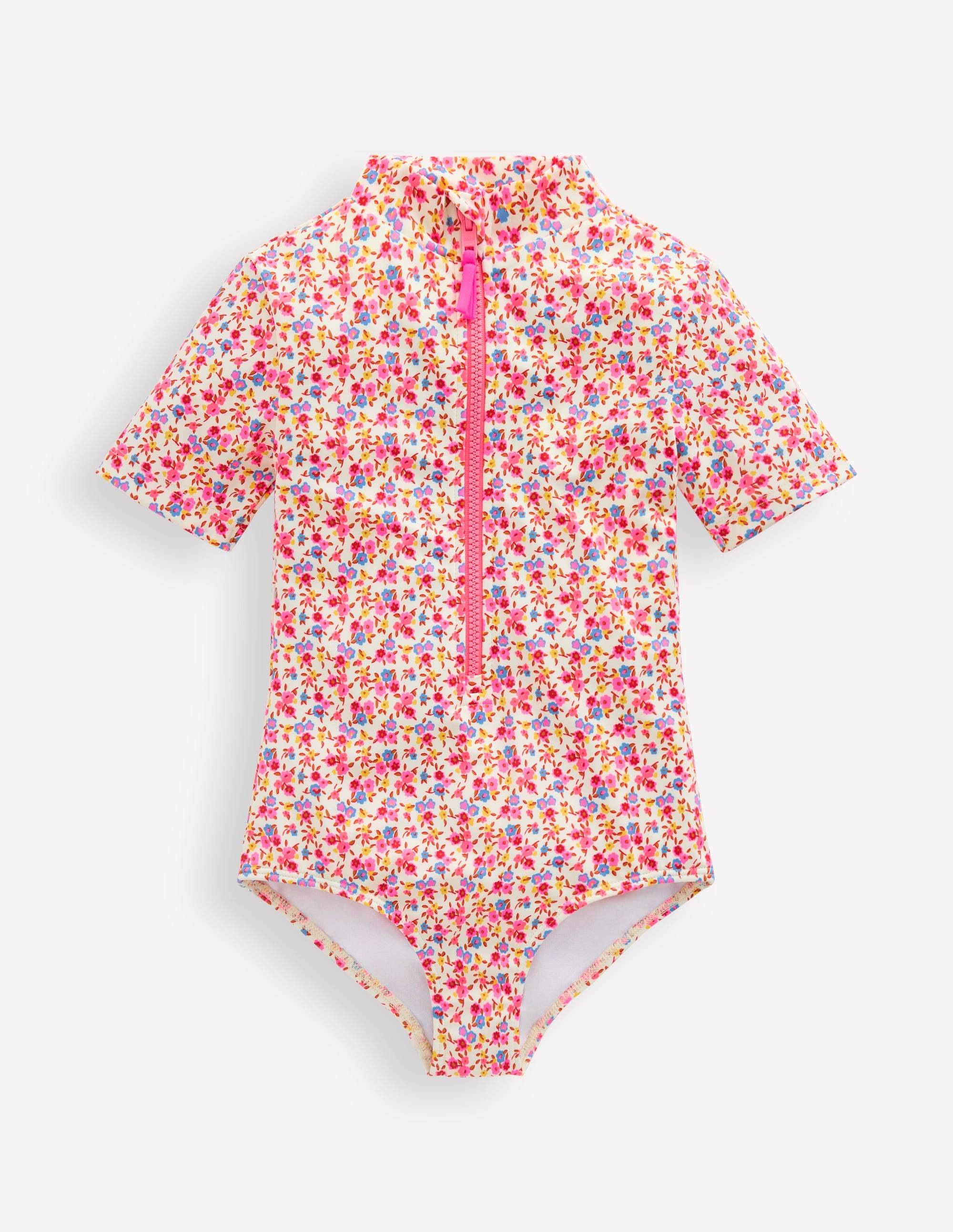 Boden Girls Short-sleeved Swimsuit in White | Size 5-6 Years