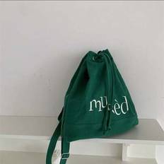 Canvas Embroidered Letter Drawstring Backpack, Travel Casual Rucksack, School Backpack - Green - one-size