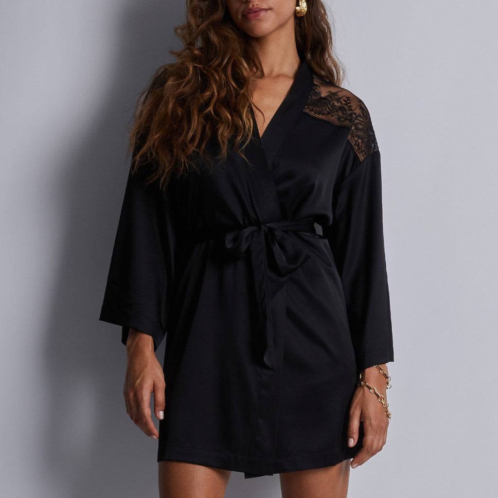 Midnight Whisper kort kimono silke - black / S/M