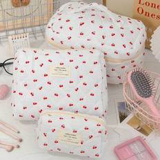 Red Cherry Pattern Makeup Bag Soft Fabric Cosmetics Storage Bag Portable Travel Toiletry Bag With Handle Small Travel Makeup Pouch Girly Pencil Large - White - L,M,S,L+M,M+S,L+M+S,L+S