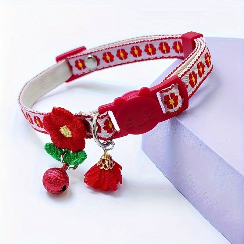 1pc Embroidered Polyester Fiber Cat Collar With Safety , Round Floral Pet Collar & Pendant, Adjustable Durable Cute Accessory For Cats