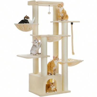 Klösträd för stora katter, robust katttorn i flera nivåer, klätterträd för katthus med hängmatta, 11 sisalstänger, stor sittpinne, grotta, korgar, 170 - Beige