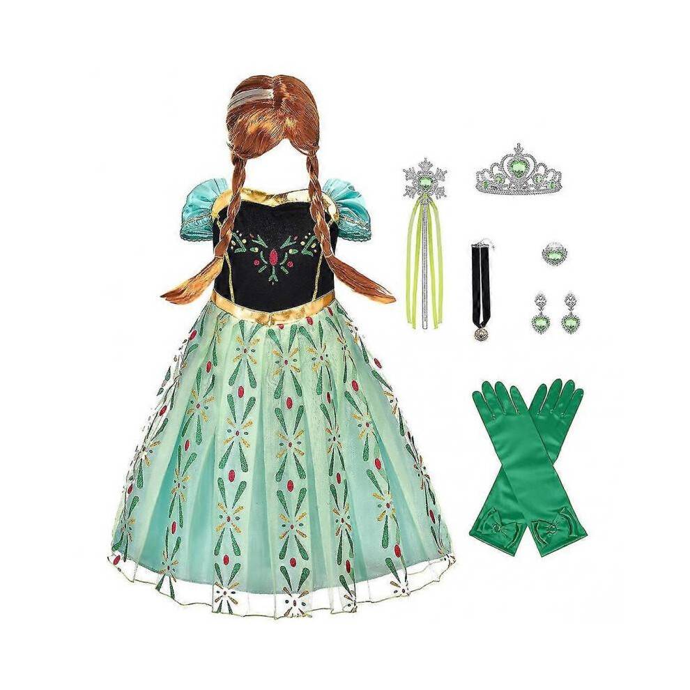 (150, Green) Girls Kids Anna Princess Costume Suit With Wig 8 Pack Snow Party Cosplay Fancy Dress Anna Costume Dress With Wand Crown Tiara