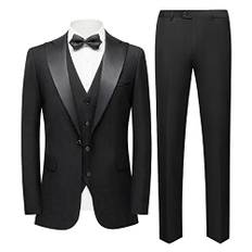 Sliktaa Män kostymer 3-delat set smal passform enkelknäppt en knapp formell smoking kostym bröllop affärer prestanda blazer väst byxor, Svart, 3XL