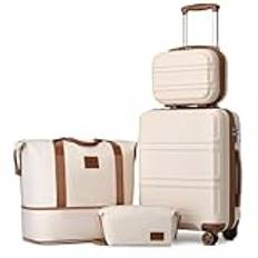 Kono Resväska i lätt ABS, hårt skal, handbagage, kabinväska med TSA-lås, bagageset om 4 delar, weekendväska och toalettväska för resor ingår, Vit/brun, Travel Sets of 4
