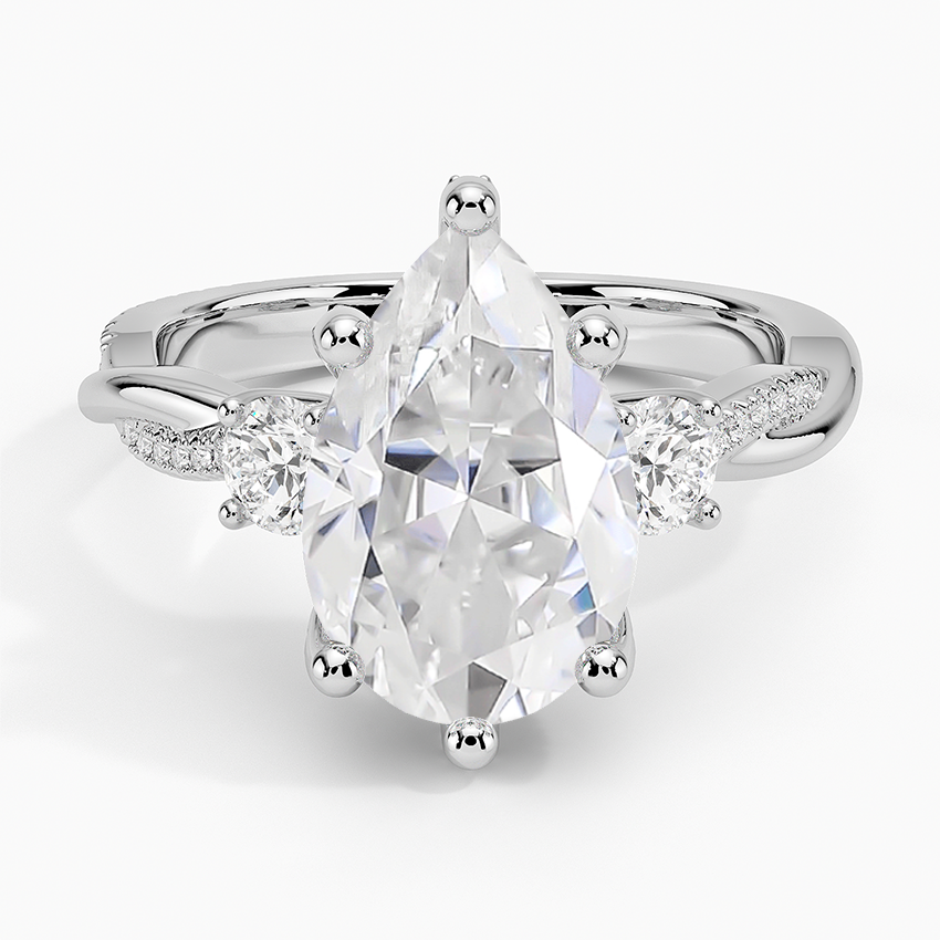 14K White Gold Moissanite Adorned Petite Twisted Vine Three Stone Diamond Ring