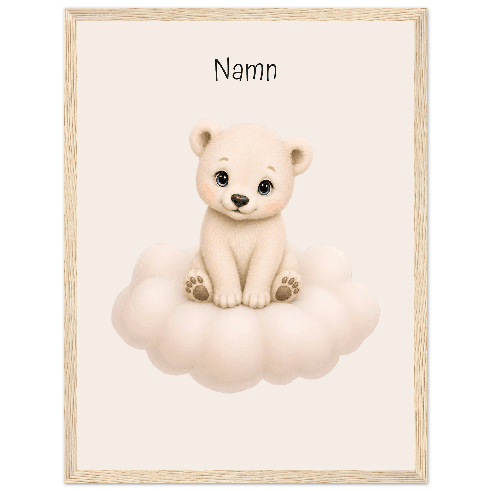 Isbjörn på moln med namn-30x40 cm / 12x16″ / Med ram / Ljust trä