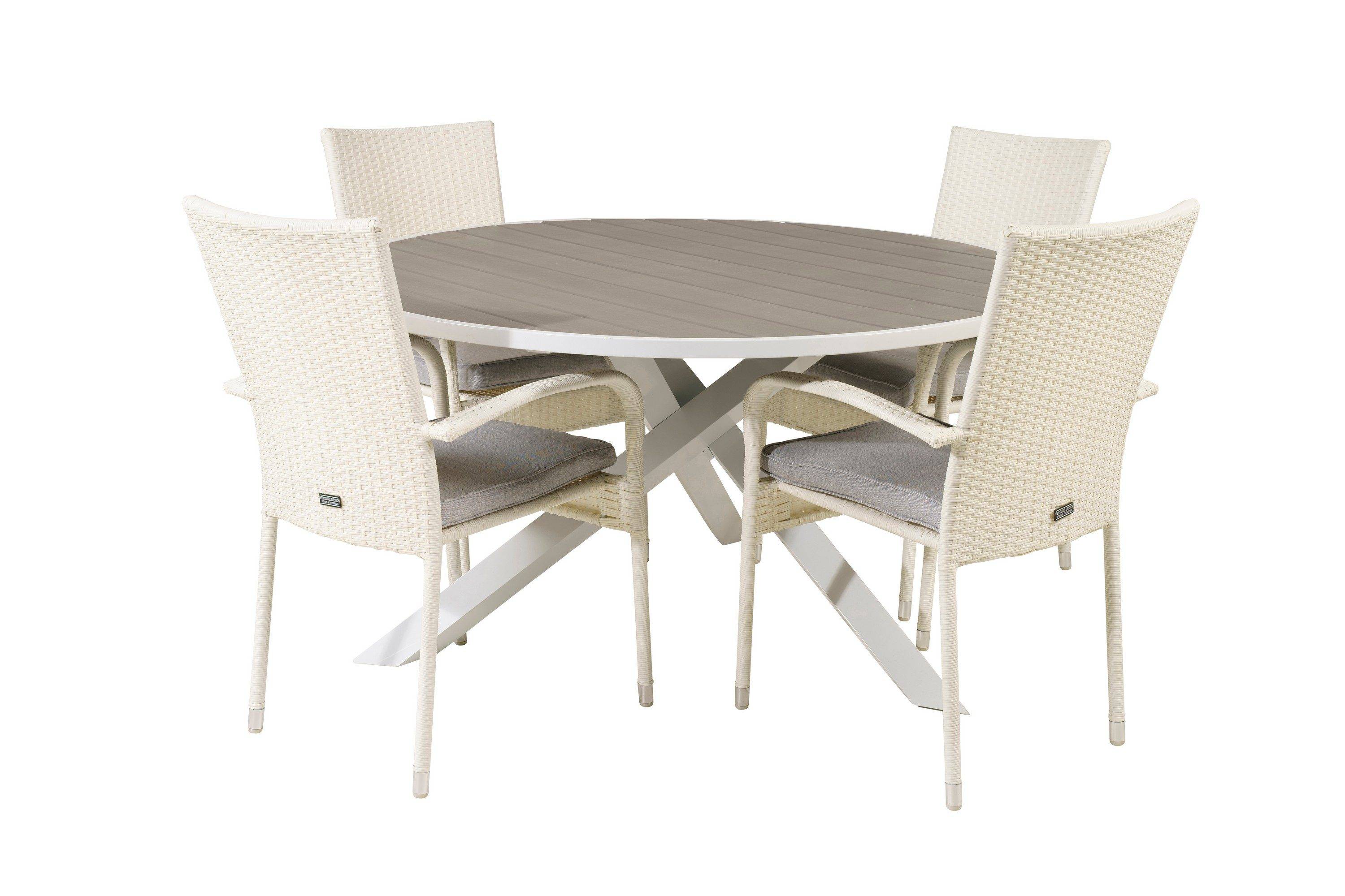 Parma Matgrupp Utomhus Rund Ø140cm + 4 Anna Karmstolar - Vit utomhus Vit,Grå Venture Home