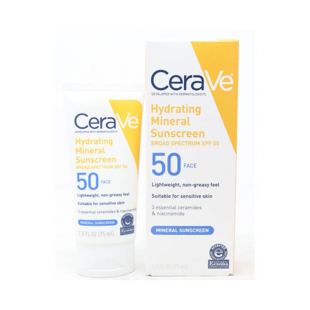 CeraVe 100% Mineral Sunscreen SPF 50 | Face Sunscreen with Zinc Oxide & Titanium Dioxide for Sensitive Skin | 2.5 oz, 1 Pack (Packaging May Vary)