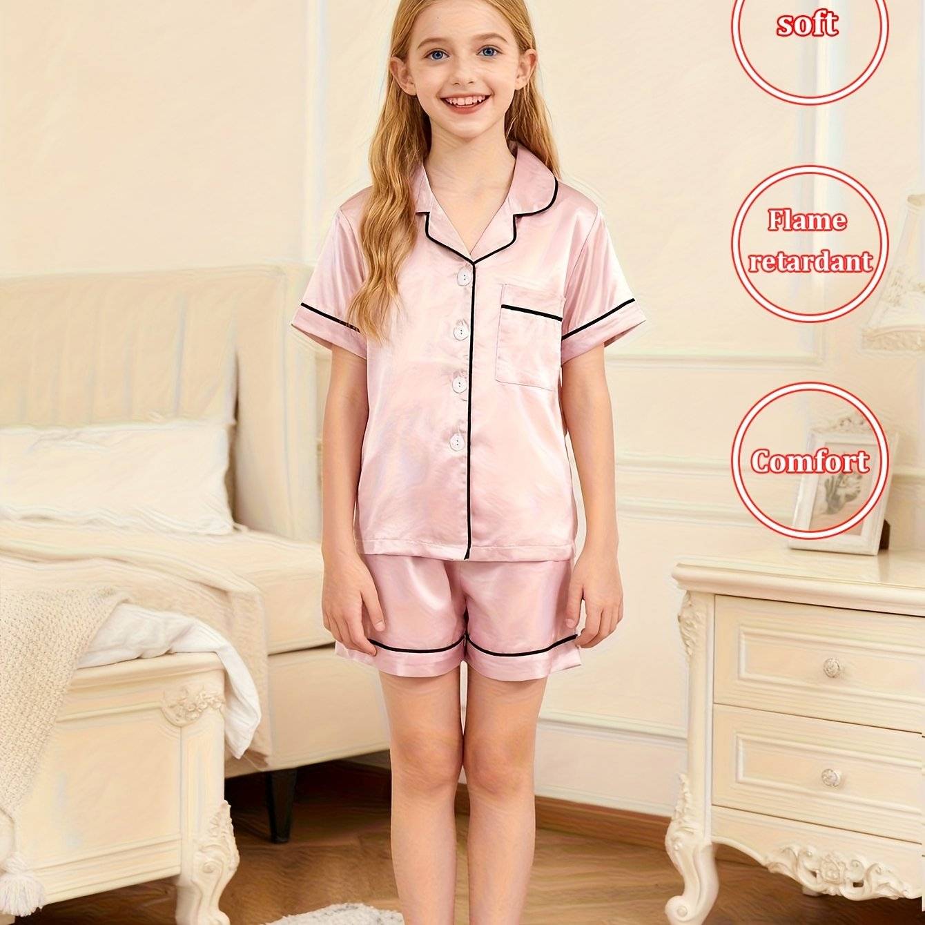 2pcs Set Of Children's Casual Simple Solid Color Comfortable Short Sleeve Cardigan With Turn-up Collar Top And Shorts Pajama Set For Summer