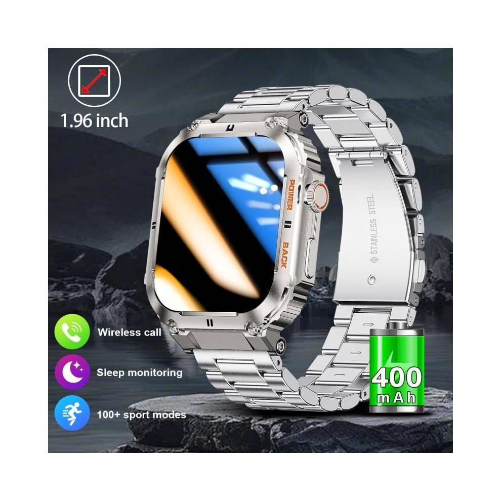 (Black tape + silicone tape) Bluetooth Calling Smart Watch for Men, Multi-Function Health Monitor Heart Rate Square Large Screen Wristwatch