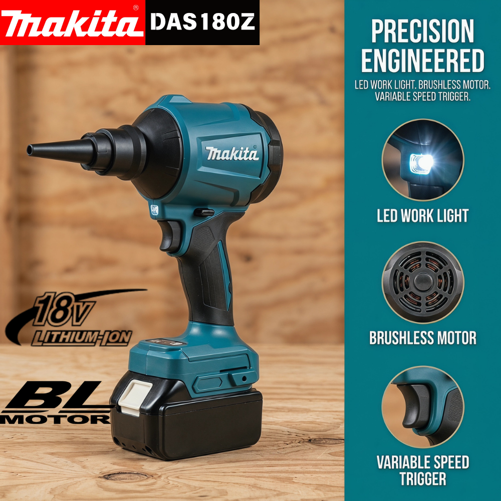 Makita DAS180 18V Brushless Cordless Air Blower Dust Removal Tool with Nozzle for Machinery and Workbench Cleaning
