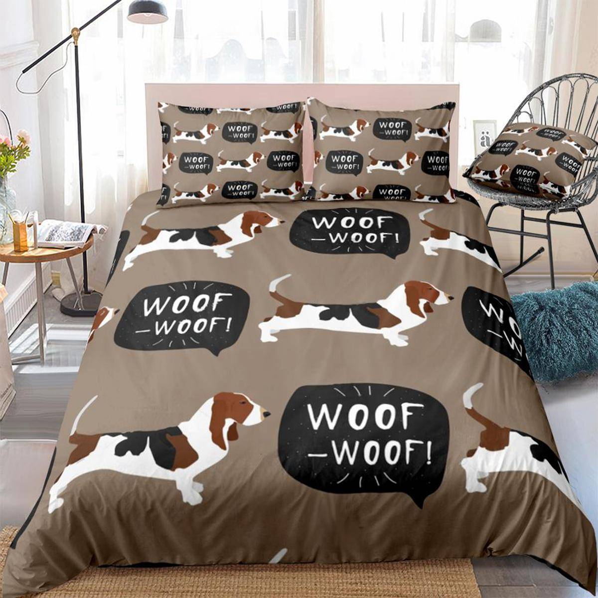 Basset Hound Dog Duvet Cover Set Brown Dot Pet Comforter Cartoon Animal Bedding Soft Cozy