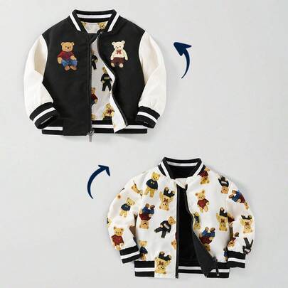 Vändbar varsityjacka för baby och småbarn, 2-i-1 bomberjacka med tecknad teddybjörn-print, svartvit cowboy safari-stil för höst och skola - Multifärgad (6-9M,9-12M,12-18M,18-24M,2-3Y,3-6M)