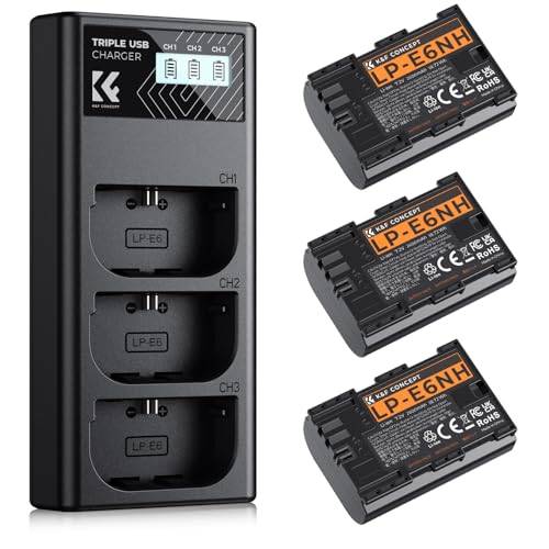 K&F CONCEPT LP-E6NH Akku,2600mAh (3er Pack) und 3-Slot Ladegerät Akku-Kit,Kompatibel mit Canon EOS R7 R5 EOS R6 EOS R 5D II III IV 6D 6D II 7D 7D II 60D 70D 80D 90D