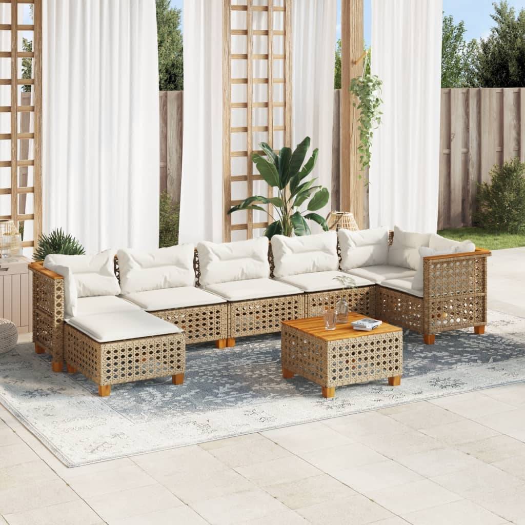 vidaXL Matgrupp för trädgården med dynor 8 delar beige konstrotting