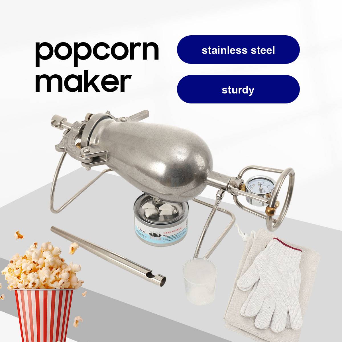1000ml Hand Popcorn Machine Open Firing Popcorn Puffing Machine Stainless Steel Manual Popcorn Maker Open Firing