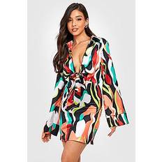 Abstract Print Tie Front Satin Shirt Dress - multi - 36