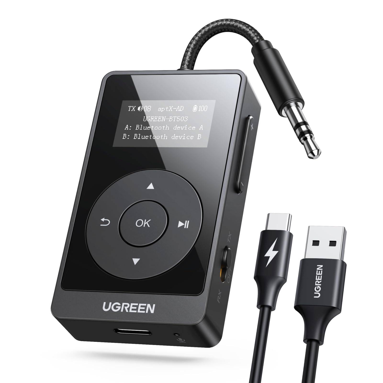 UGREEN Bluetooth Transmitter Receiver for Two AirPods with AptX Aux Audio Bluetooth Adapter for Car and TV a for Air Travel 5.3 & onboard, 2-in-1 svart