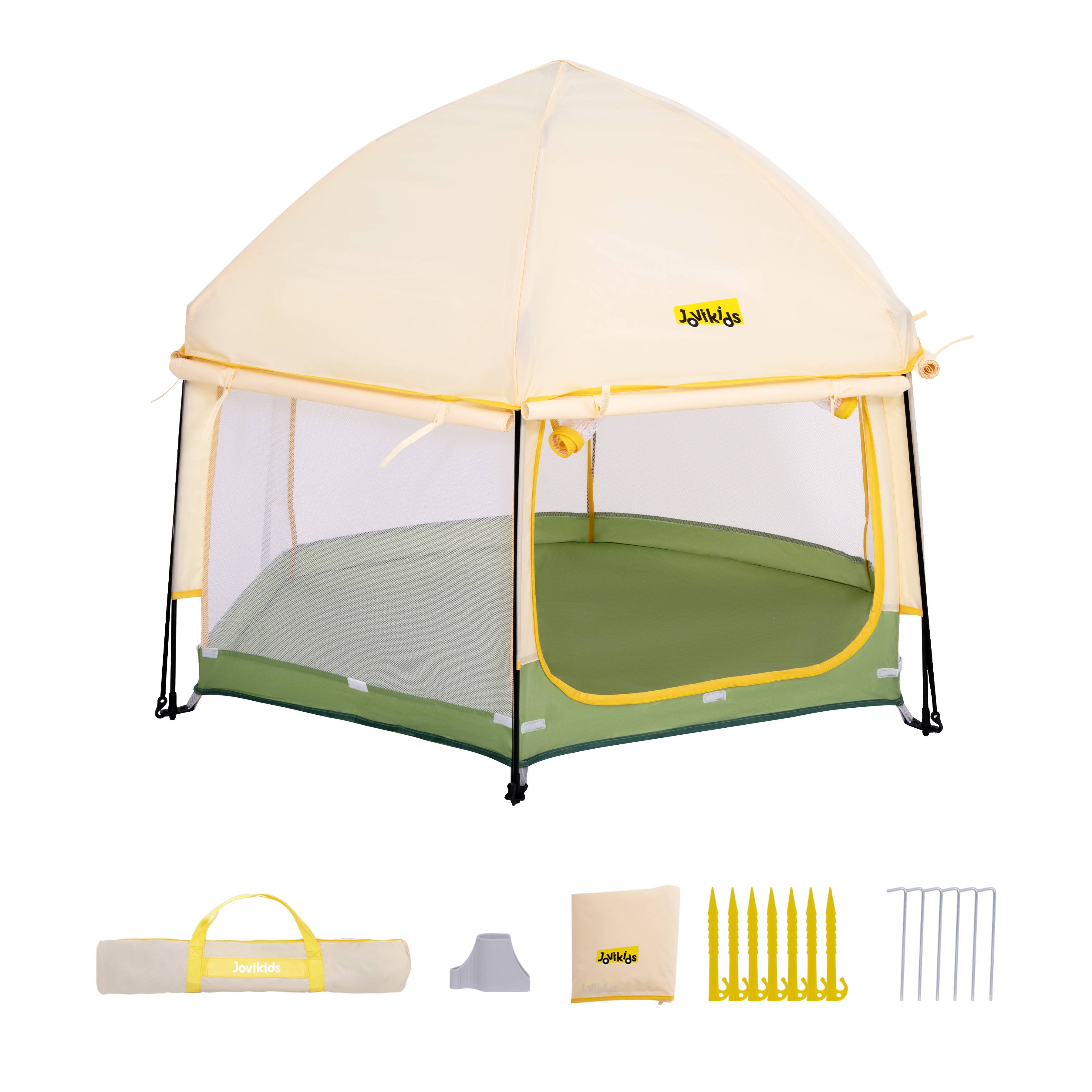 Pop-Up Baby Playpen with Removable Canopy, Portable Six-Sided Play Yard with Breathable Mesh for Outdoor, 150L x 150W x 105H cm, Green Aosom UK