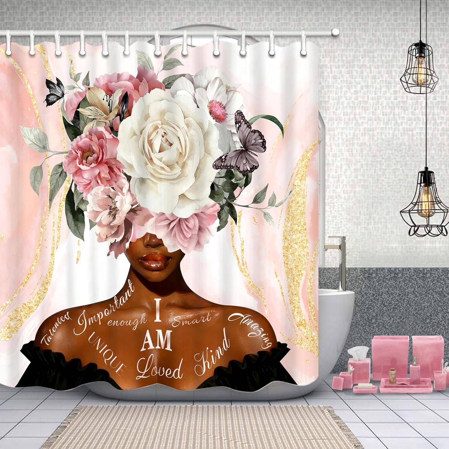 Luxury Girly Pink Floral Perfume Shower Curtain, Elegant Black Aesthetic Waterproof Bathroom Decor Curtain With 12 Hooks