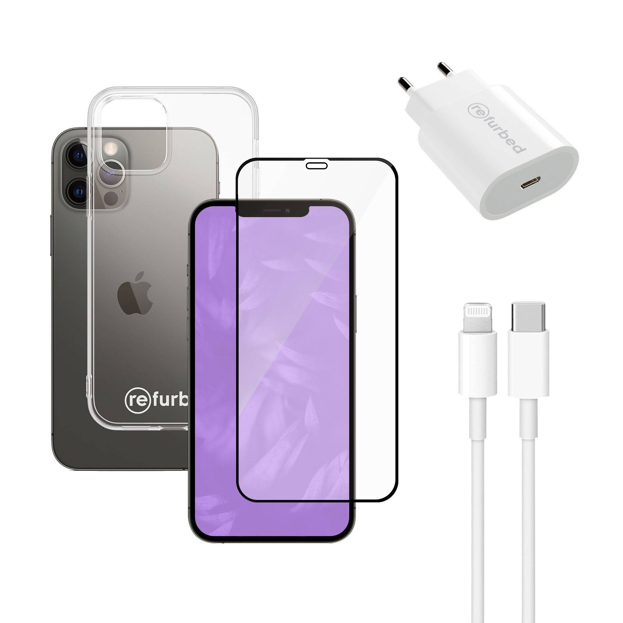 Snabbladdare (20W), kabel (lightning), skärmskydd för telefonen och genomskinligt mobilskal | iPhone 12/12 Pro | genomskinlig