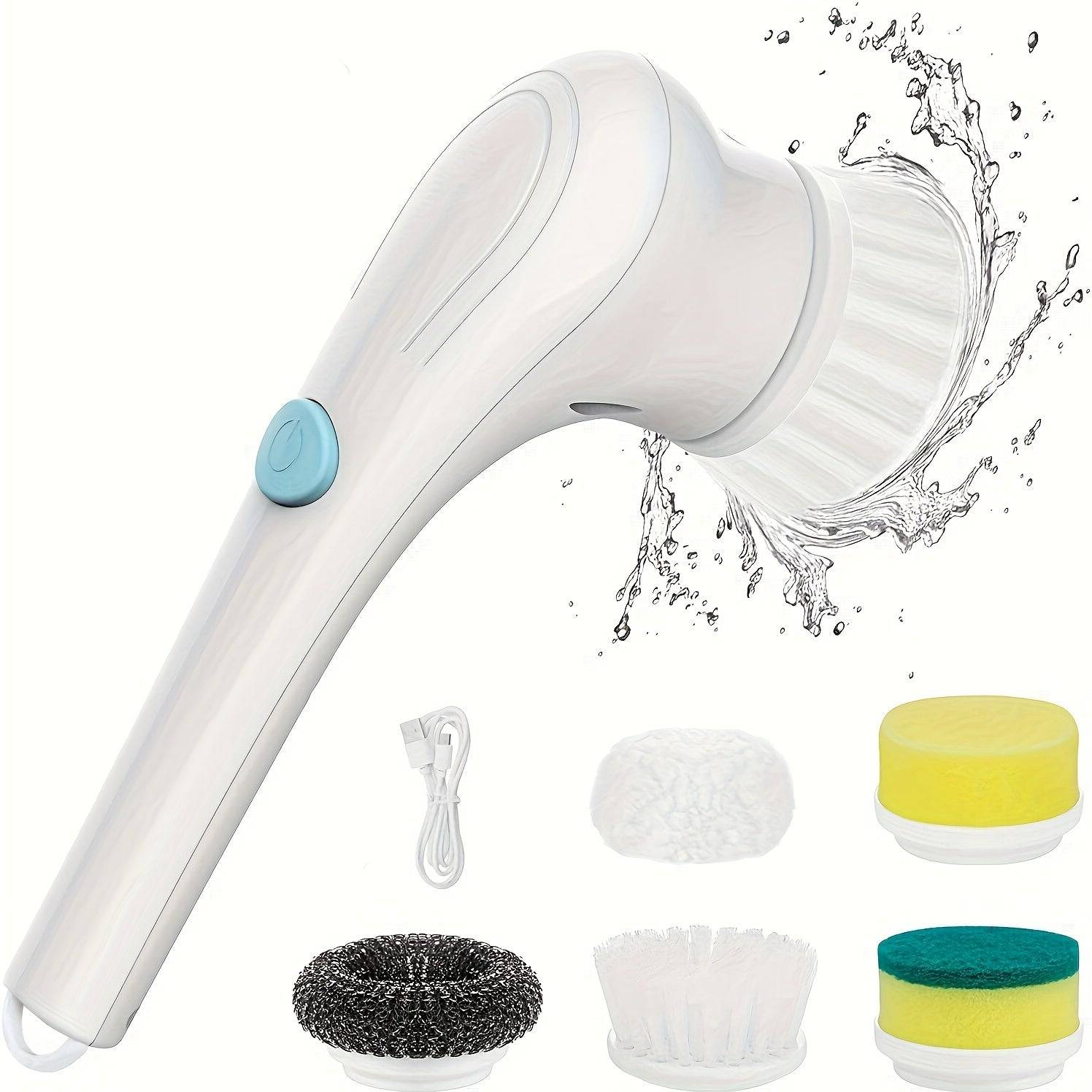 Electric Cleaning Brush with 5 Interchangeable Heads, Portable Rotary Scrubber - white