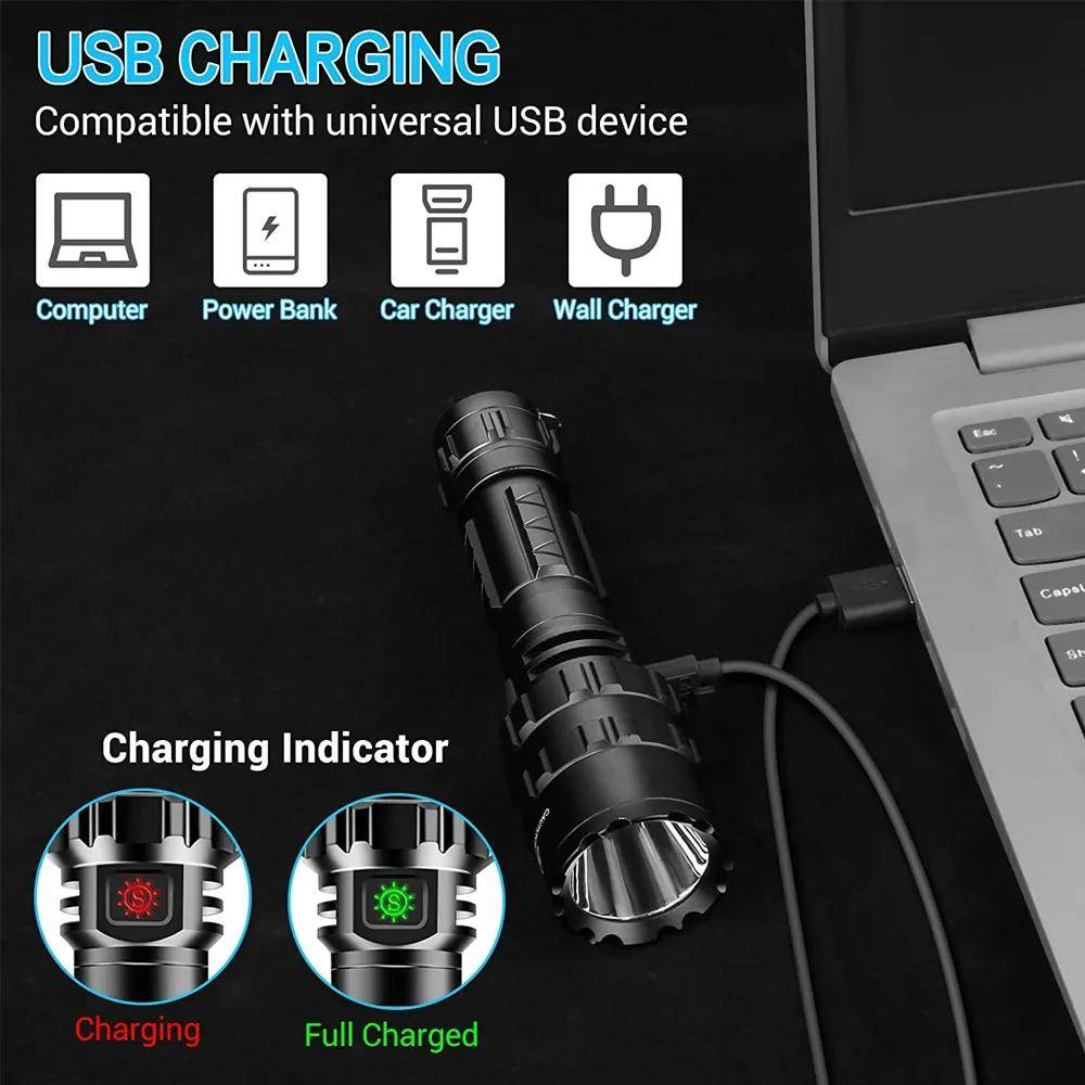 LED Taktisk Jaktficklampa USB Uppladdningsbar Vattentät Ficklampslampa svart