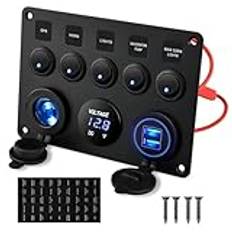 Gebildet 5Gang Multi-Function 5 Gang Rocker Dubbel USB-laddare + Digital volmeter +12V uttag Förkopplad Strömbrytarpanel med Effektbrytare för RV Bil Båt Truck Trailer