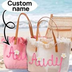 Customized Gift Summer Beach Bag Personalized Embroidery Craft Customizable & Personalized Fashionable Minimalist Casual Fringe-Trimmed Shopper Bag â - Multicolor